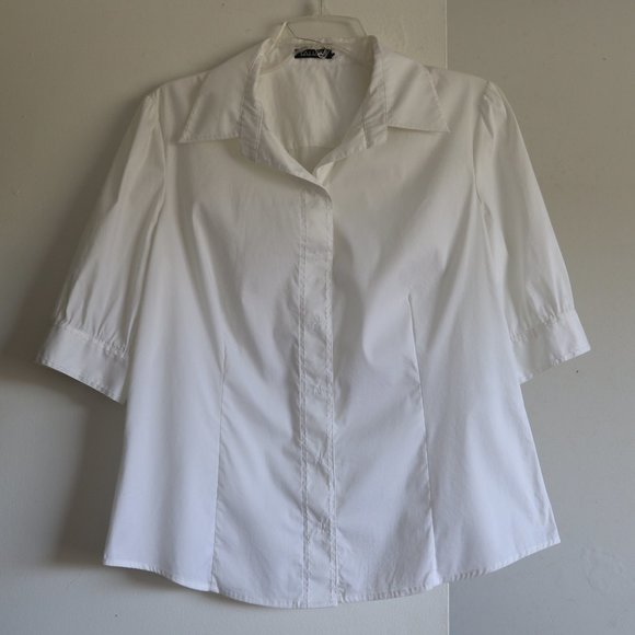 Tahari White Dress Shirt Blouse Snap Button Down Top Cotton L 12